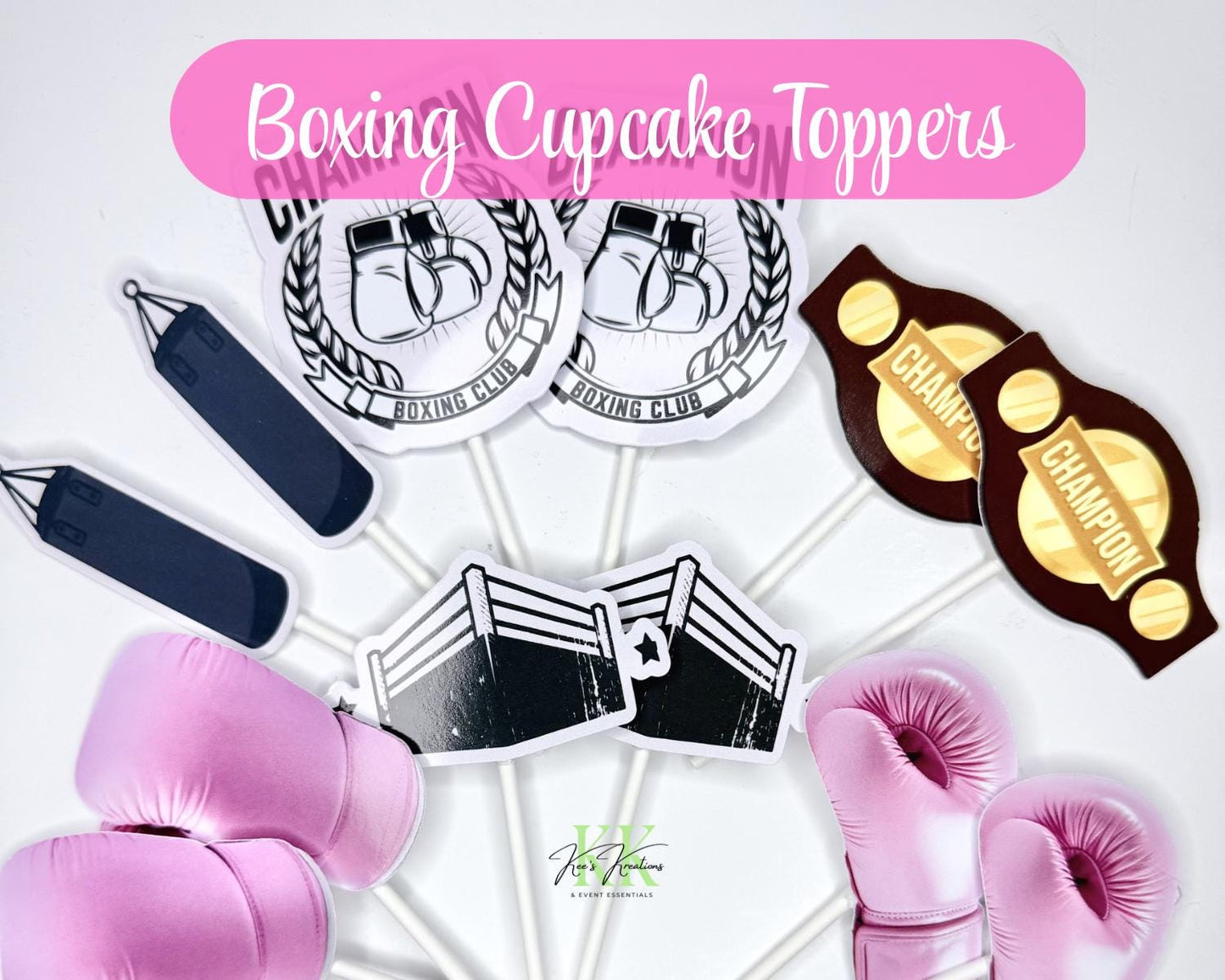 Pink Boxing Theme Cupcake Toppers | Pink Boxing Theme Party Decorations | Pink Boxing Cupcake Toppers | Boxing Theme Party | Boxing Cupcakes